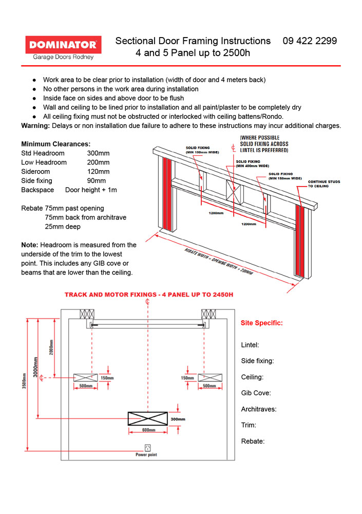 Sectional Door Framing Instructions 4 and 5 Panel up to 2500h