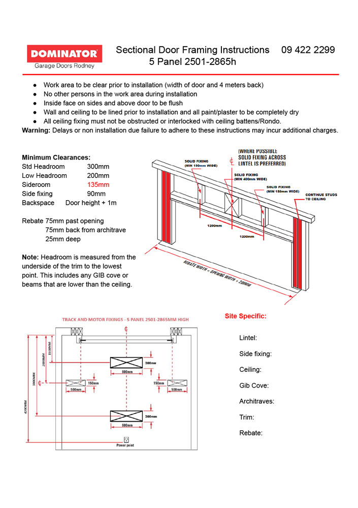 Framing Instructions 5 Panel 2501-2865h