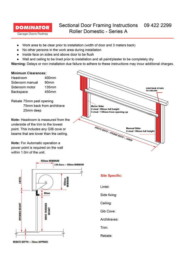Sectional Door Framing Instructions Roller Domestic - Series A