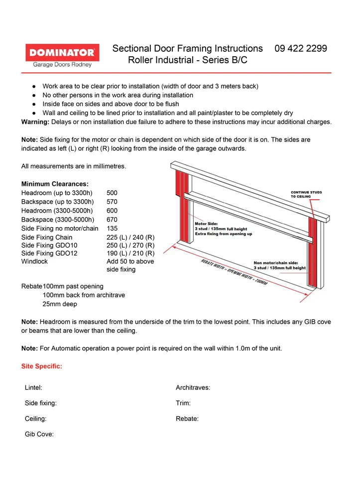 Sectional Door Framing Instructions Roller Industrial - Series B/C